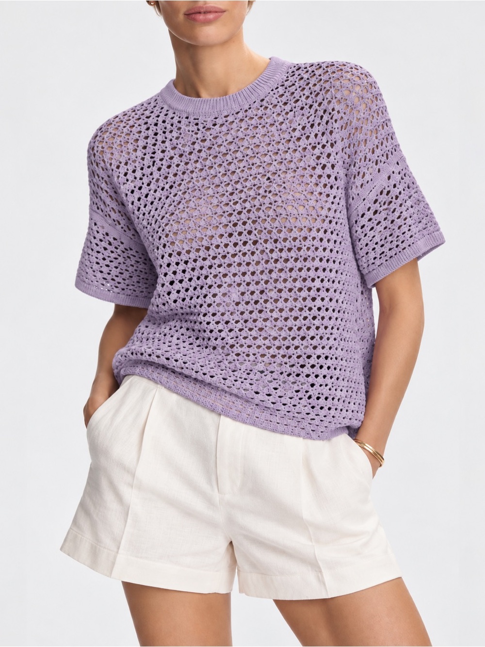 Stellae Dux Daydream Open Knit Crochet Cashmere Blend Top Lilac NWT